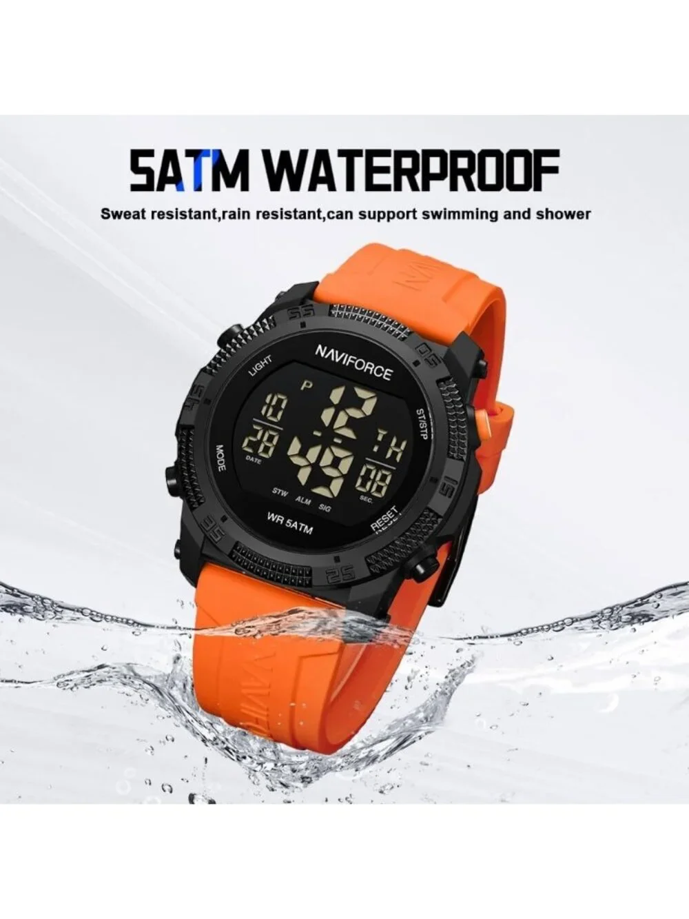Unisex Orange Analog Quartz Rubber Strap Sports Waterproof Digital Wrist Watch